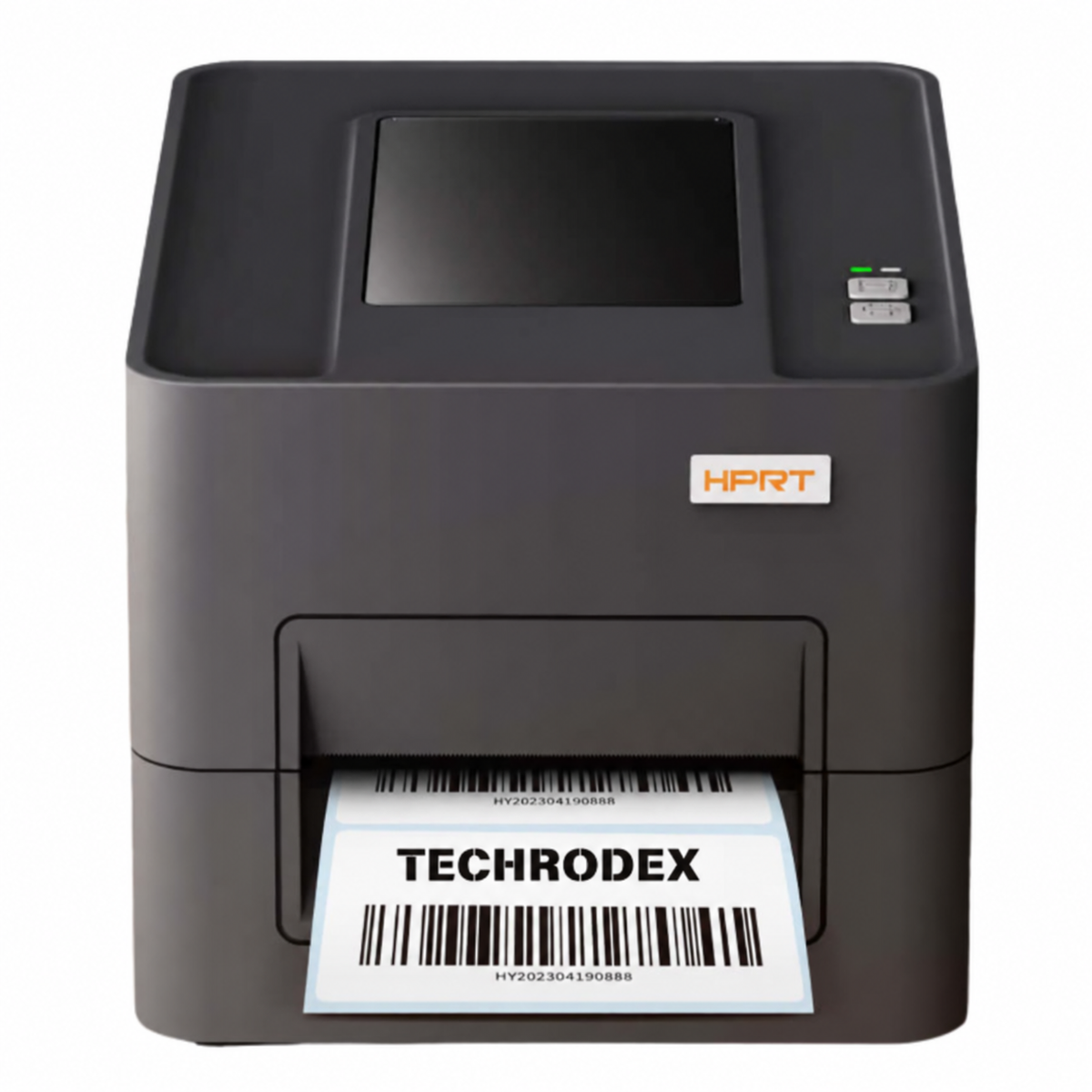 HPRT HT500 203 dpi thermal barcode label desktop printer printing a 4inch barcode label.