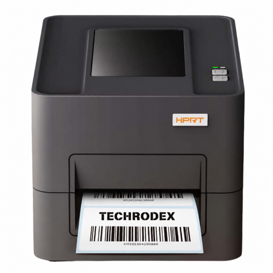 HPRT HT500 203 dpi thermal barcode label desktop printer printing a 4inch barcode label.