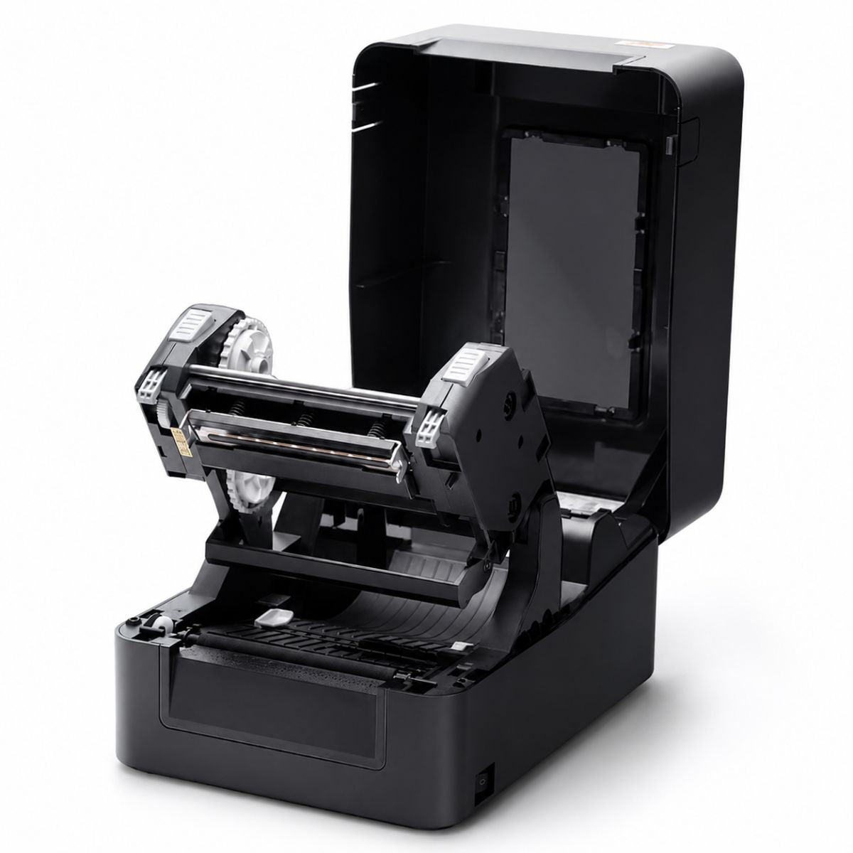 HPRT HT500 203 dpi thermal transfer printer open cover showing ribbon and label roll compartment